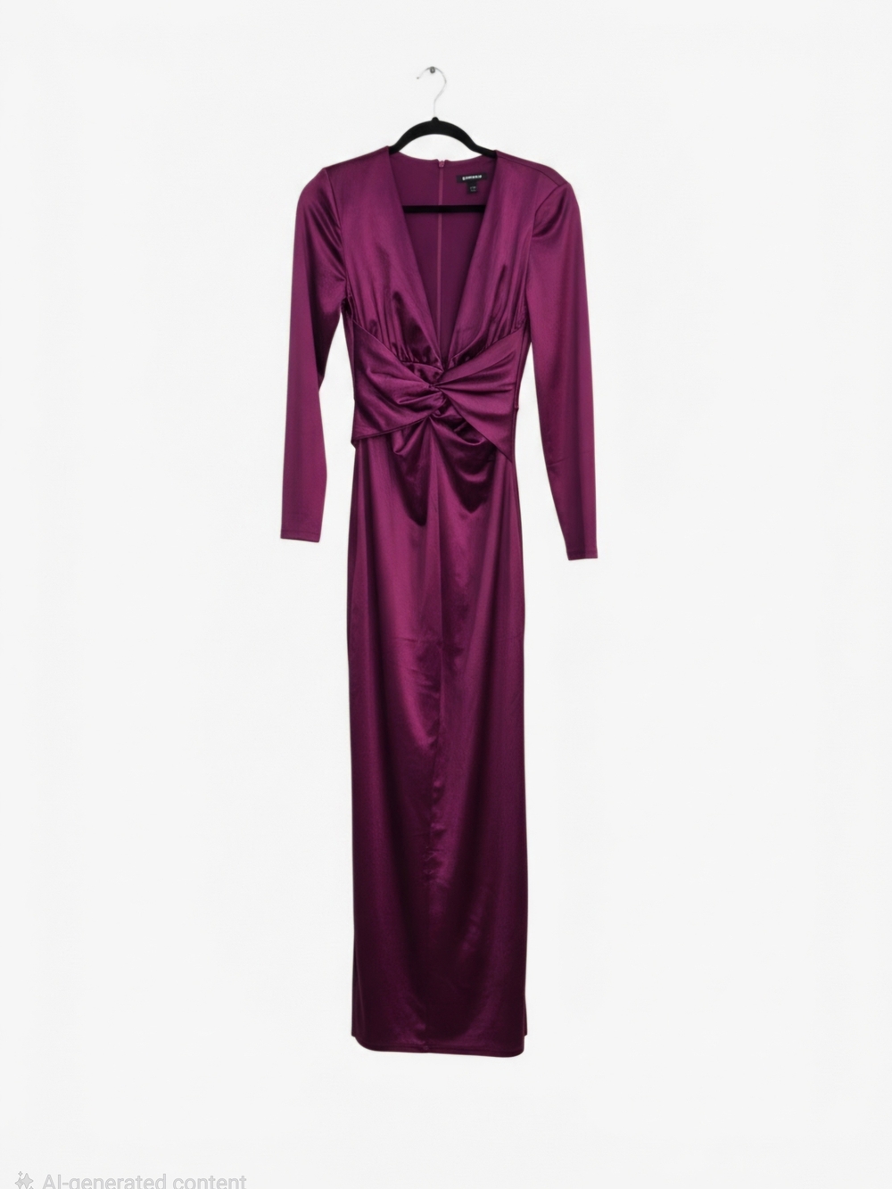 Long Sleeve Twist-Front Satin Dress in Plum